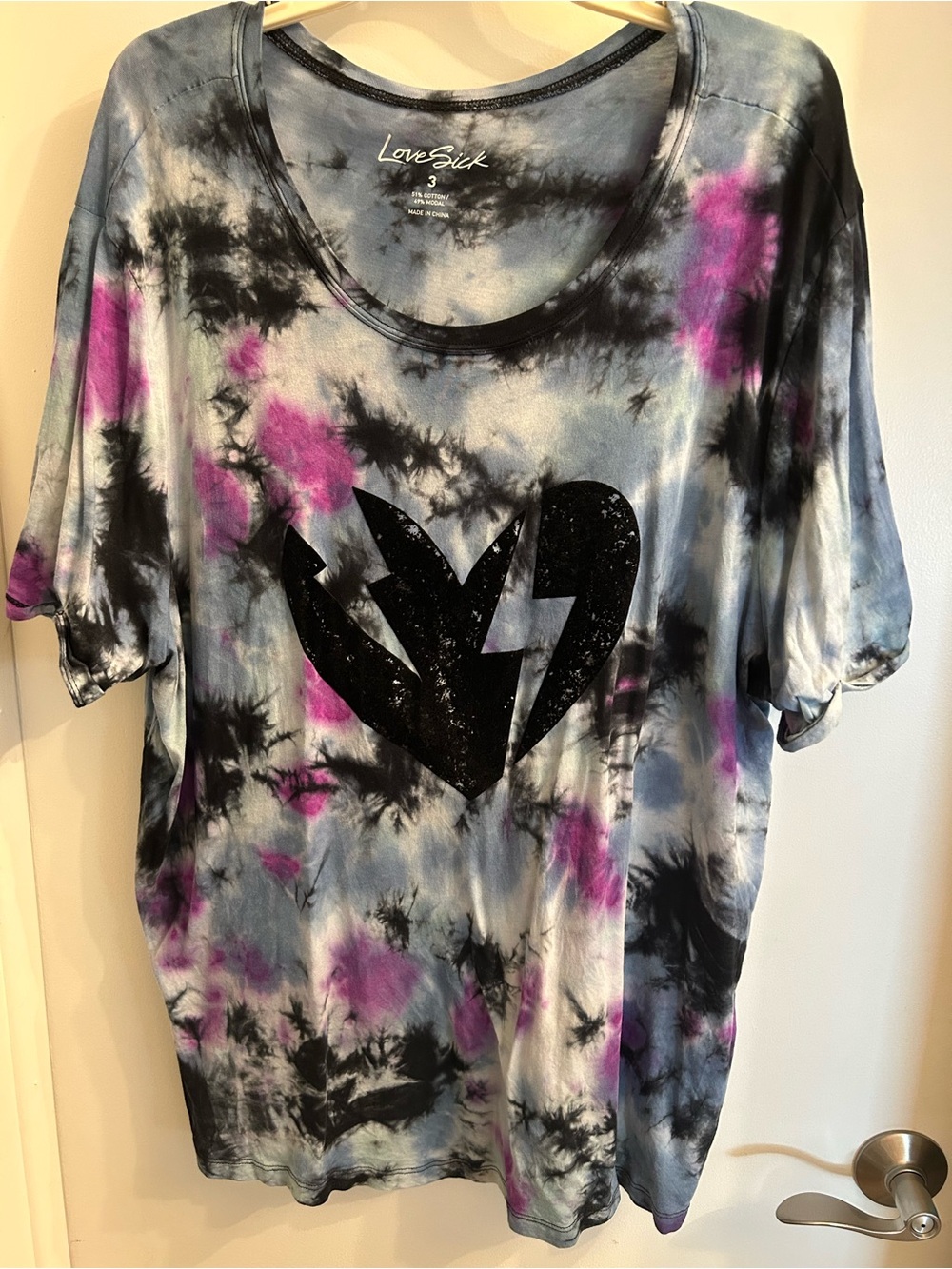 Lovesick Black Broken-Heart Tie-Dye Tee with Purple Accents